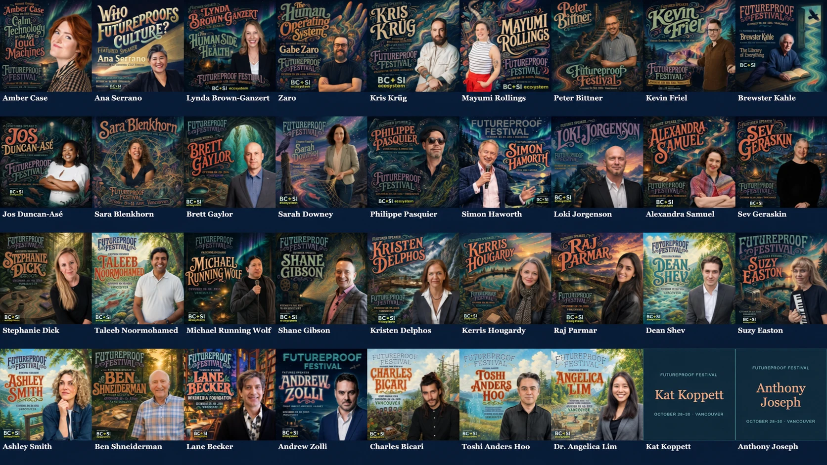 Futureproof speaker collage with BC + SI branding added for this satire; no speaker endorsement implied.
